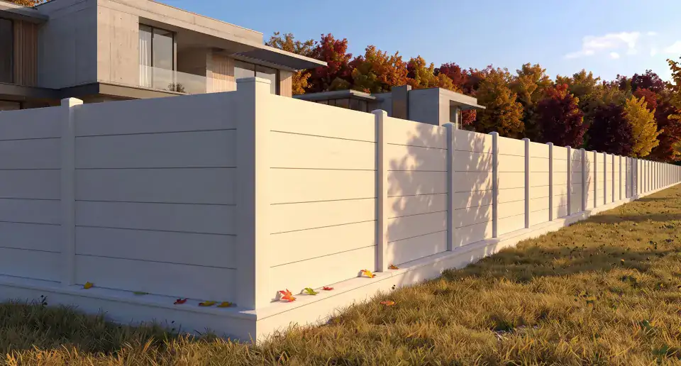 Weißer Betonzaun mit glatten Platten neben einem modernen Haus, Herbst